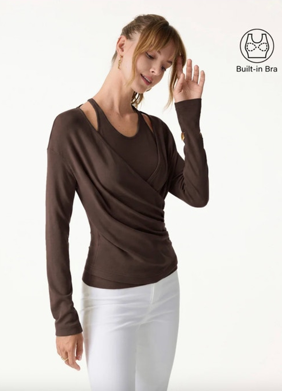 OGL Top Size S NEW Two-Piece Set Cami with Surplice Ruched Brown Umber Wood